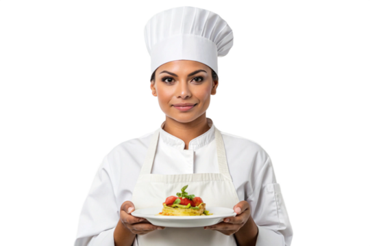 A female chef in a white uniform presents a beautifully plated dish with strawberries and greens on a white background.