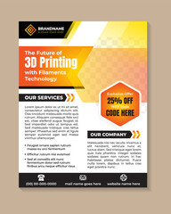 Orange and black colors of flyer design template, the future of 3d printing with filaments technology brochure template with space for photo. 