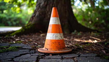 Roadway Alert: A weathered traffic cone stands on a cracked asphalt surface, set against the backdrop of a large tree. Capturing the stark simplicity and the silent warning of infrastructure.