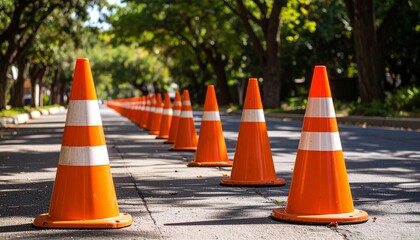 Roadwork Cones: An array of bright orange traffic cones stretches along a tree-lined street, marking a construction zone. Evoking a sense of caution and order, creating a clear path for pedestrians.