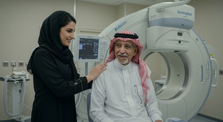 Compassionate healthcare professional comforts elderly patient near advanced medical equipment.