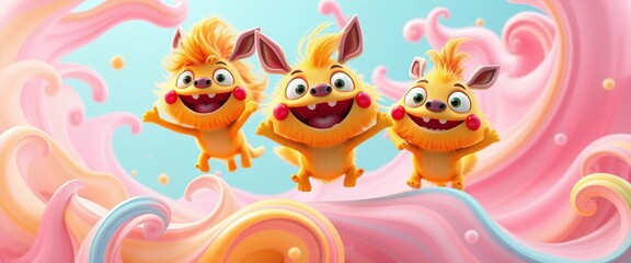 A trio of bright, playful creatures with exaggerated features frolic amidst swirling, pastel shapes,  whimsical,  abstract background