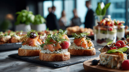 Gourmet smoked salmon canapés arranged for elegant corporate networking event showcasing luxury catering cuisine.
