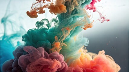 Obraz premium Swirling ink cloud evokes fluid motion with orange, pink, teal, and blue pigments forming soft, organic shapes on a muted background.