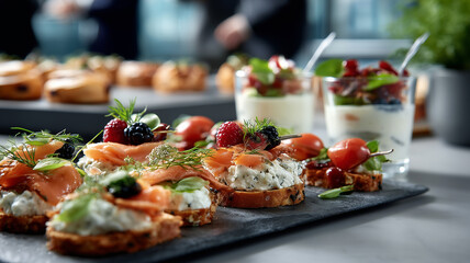 Gourmet smoked salmon canapés arranged for elegant corporate networking event showcasing luxury catering cuisine.

