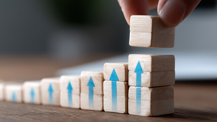 Strategic growth visualization built with stacking arrow blocks representing progressive business development.
