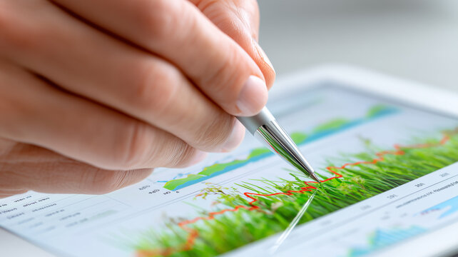 Investment pen traces eco friendly profit on digital tablet merging financial data with green growth visualization.
- Powered by Adobe