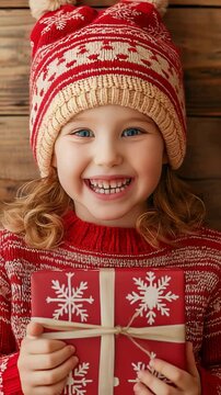 A happy girl with blonde curly hair, in a festive winter hat and sweater, holds a wrapped gift with snowflake designs. A wooden background adds to the joyful, holiday-themed setting.