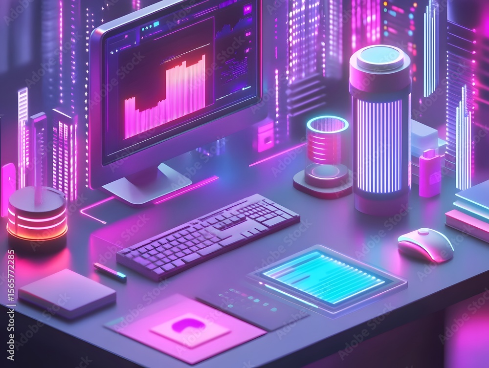 Poster a futuristic computer setup illuminates in a vibrant array of colors, exuding an aura of innovation 