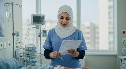 Compassionate nurse in hijab reviews patient charts in a modern hospital room, showcasing healthcare diversity and professionalism.