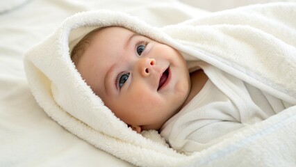 Adorable infant wrapped in a soft white towel smiles brightly after bath time, looking content and relaxed.