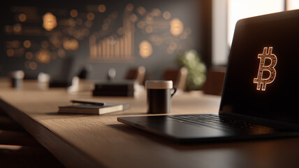 Modern co-working coffee corner set for blockchain brainstorming with laptop and cryptocurrency network icons on wall.
