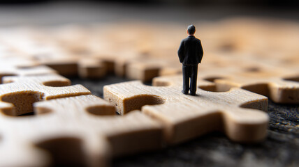 Miniature executive stands on central puzzle piece symbolizing strategic leadership in complex decision making.
