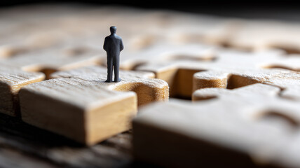 Miniature executive stands on central puzzle piece symbolizing strategic leadership in complex decision making.

