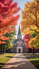 A brick building with trees and grass