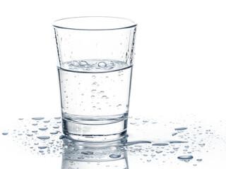 A clear glass of water with condensation and small water droplets on a reflective surface against black