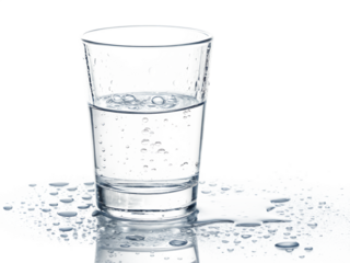 A clear glass of water with condensation and small water droplets on a reflective surface against black