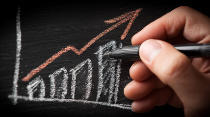 Hand sketches rising bar chart on chalkboard demonstrating business growth planning and performance analytics.
