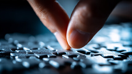 Careful fingers place final puzzle piece illustrating problem solving precision and innovative fit.

