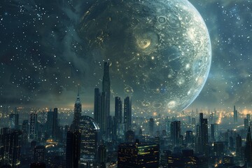 Detailed Visual  of Giant Planet in Space with Futuristic City and Skyscraper Buildings