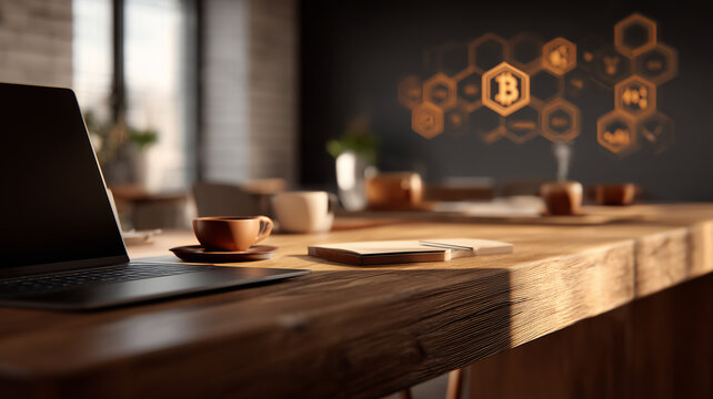Modern co-working coffee corner set for blockchain brainstorming with laptop and cryptocurrency network icons on wall.
