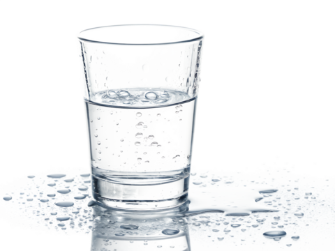 A clear glass of water with condensation and small water droplets on a reflective surface against black