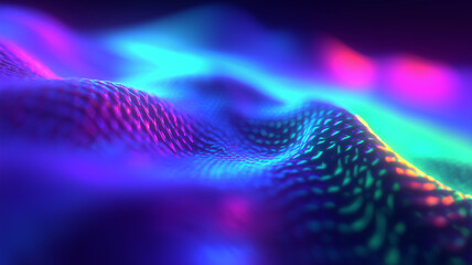 Undulating mesh of iridescent neon fabric waves in cyan, magenta and violet, evoking futuristic digital landscapes and quantum technology fields.
