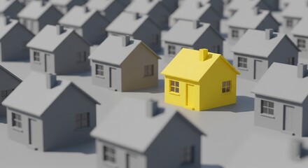 A bright yellow house stands out amongst a grid of muted grey houses. Concept: Uniqueness, individuality, real estate, investment, standing out.