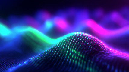 Undulating mesh of iridescent neon fabric waves in cyan, magenta and violet, evoking futuristic digital landscapes and quantum technology fields.
