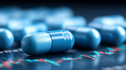 Pharmaceutical market volatility depicted by white tablets scattered atop fluctuating stock charts highlighting industry economics.
