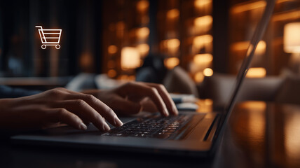 Hands-on ecommerce success represented by typing on laptop with floating shopping cart icon in warm ambient workspace.
