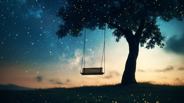 Dreamy nighttime swing beneath starry sky