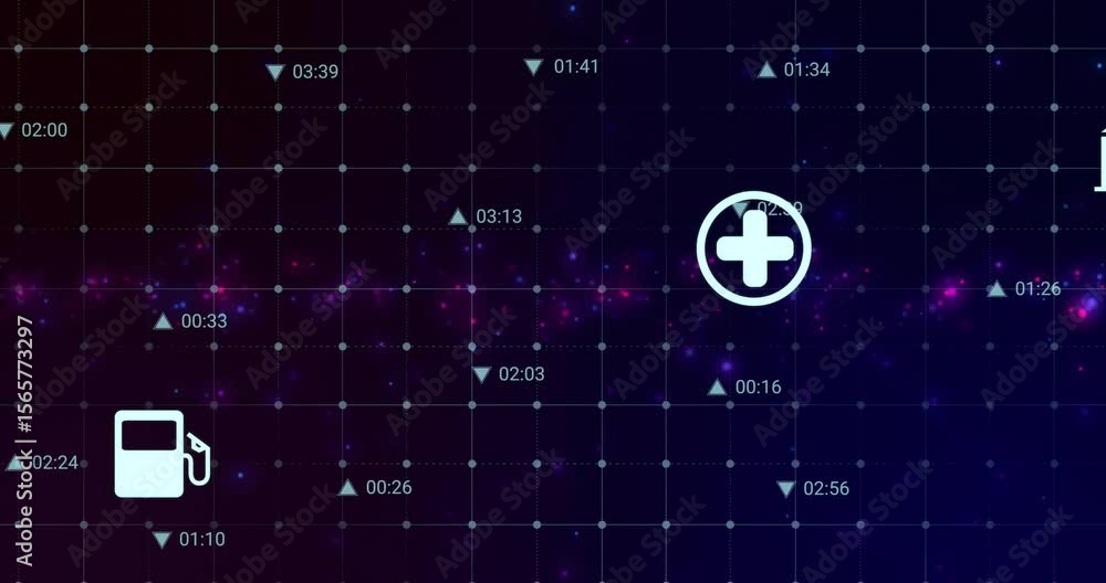Poster lightning bolt fading in marking energy event on grid nebula drifting service icons animating