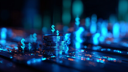 Stacks of coins rise from an electronic circuit board with hovering neon dollar symbols, visualizing digital currency and fintech prosperity.
