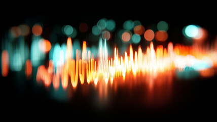 Abstract flowing audio waveform rendered as intertwined neon ribbons of turquoise and orange, capturing the rhythm of music and digital sound.
