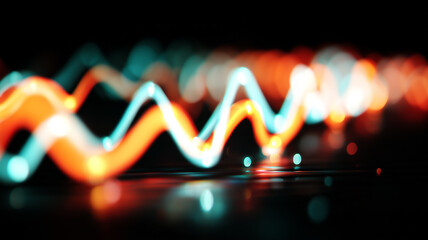 Abstract flowing audio waveform rendered as intertwined neon ribbons of turquoise and orange, capturing the rhythm of music and digital sound.
