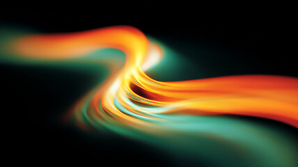 Single serpentine neon light trail streaks through darkness, depicting innovation, speed and the search for a bright technological future.
