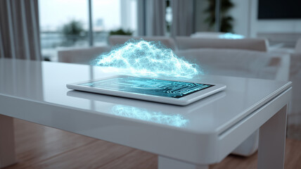 Holographic Cloud Hovering Above Tablet Depicts Modern Mobile Cloud Storage Technology
