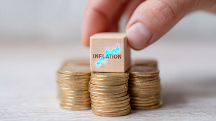 Wooden Inflation Block Placed on Coin Stacks Portrays Rising Prices and Economic Pressure

