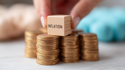 Wooden Inflation Block Placed on Coin Stacks Portrays Rising Prices and Economic Pressure

