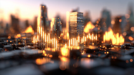 Illuminated skyscraper skyline integrated with glowing candlestick graphs illustrating urban economic growth in a miniature smart city model at sunrise.
