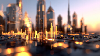 Illuminated skyscraper skyline integrated with glowing candlestick graphs illustrating urban economic growth in a miniature smart city model at sunrise.

