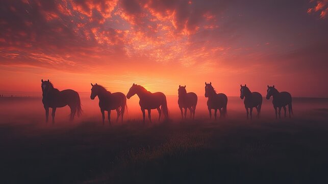 Seven horses stylized standing in a row against a backdrop of majestic mountains