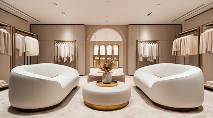 Luxury modern walk-in closet interior with elegant white chairs, center table, arched doorway, and organized wardrobe shelves, designed with minimalist and sophisticated aesthetics

