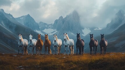 Seven Horses Stylized Standing Together