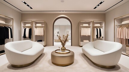 Luxury modern walk-in closet interior with elegant white chairs, center table, arched doorway, and organized wardrobe shelves, designed with minimalist and sophisticated aesthetics


