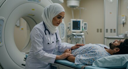 Compassionate female doctor in hijab gently comforts a male patient lying on a hospital bed, showcasing healthcare and empathy.