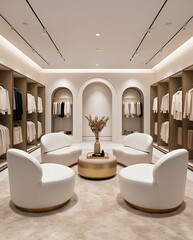 Luxury modern walk-in closet interior with elegant white chairs, center table, arched doorway, and organized wardrobe shelves, designed with minimalist and sophisticated aesthetics

