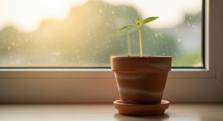 Sprout in Terracotta Pot by Window, Soft Light, Hopeful Growth