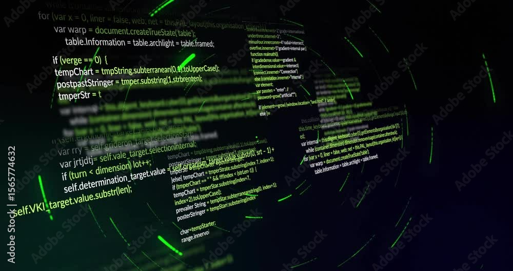 Poster green code lines initiating red and teal particles swirling around panels, visualizing data flow